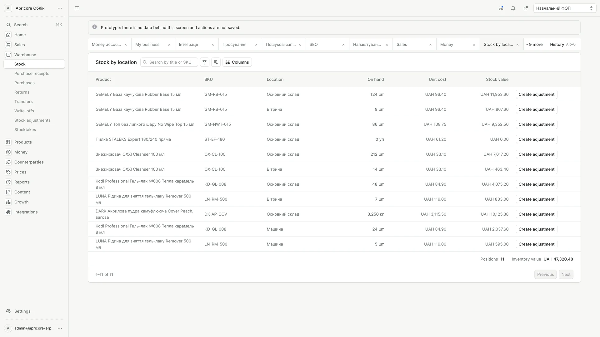 The stock view carries the catalog structure into inventory.
