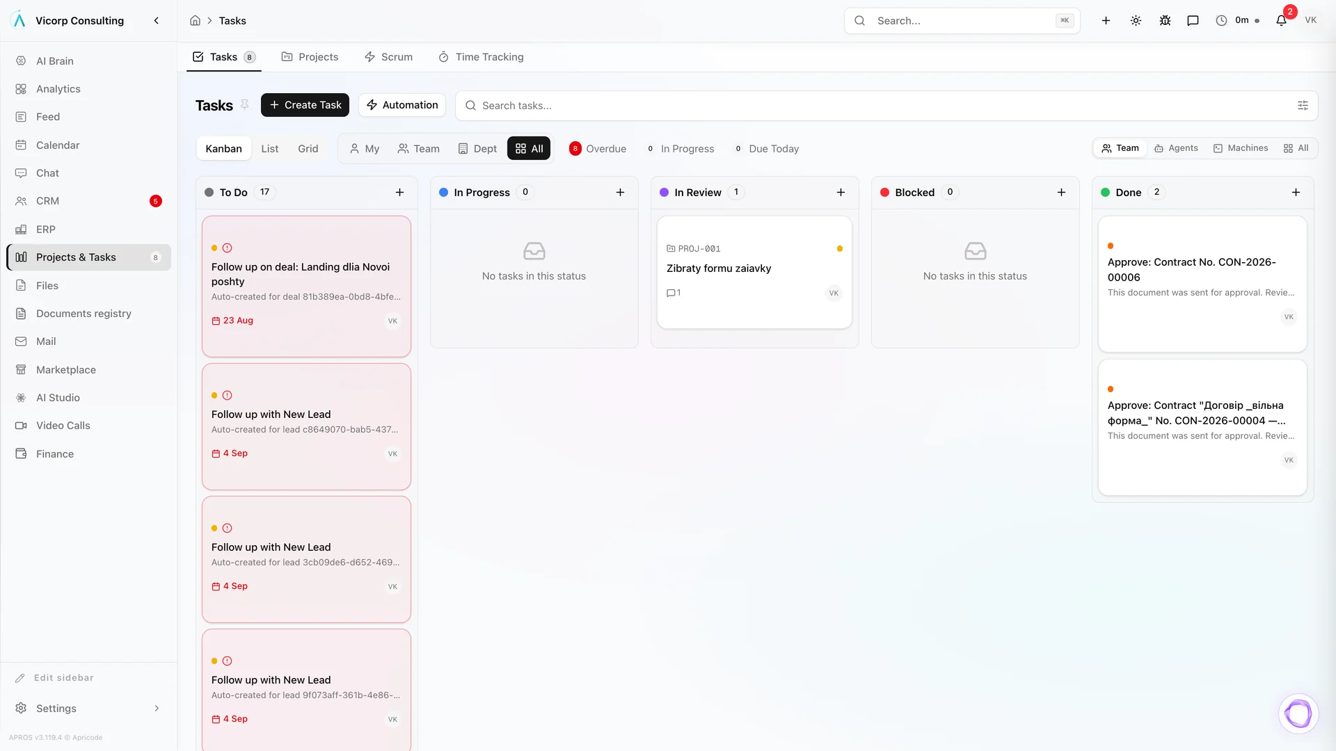 APROS task board with status columns and task cards