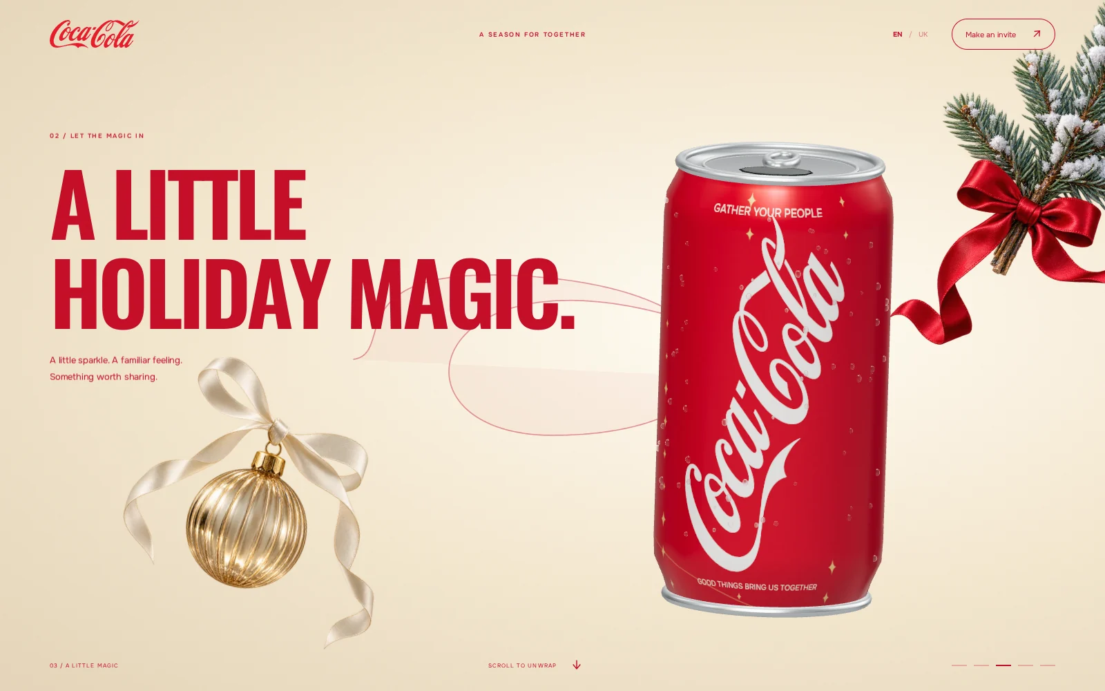 Holiday ornaments frame the can on a warm paper background