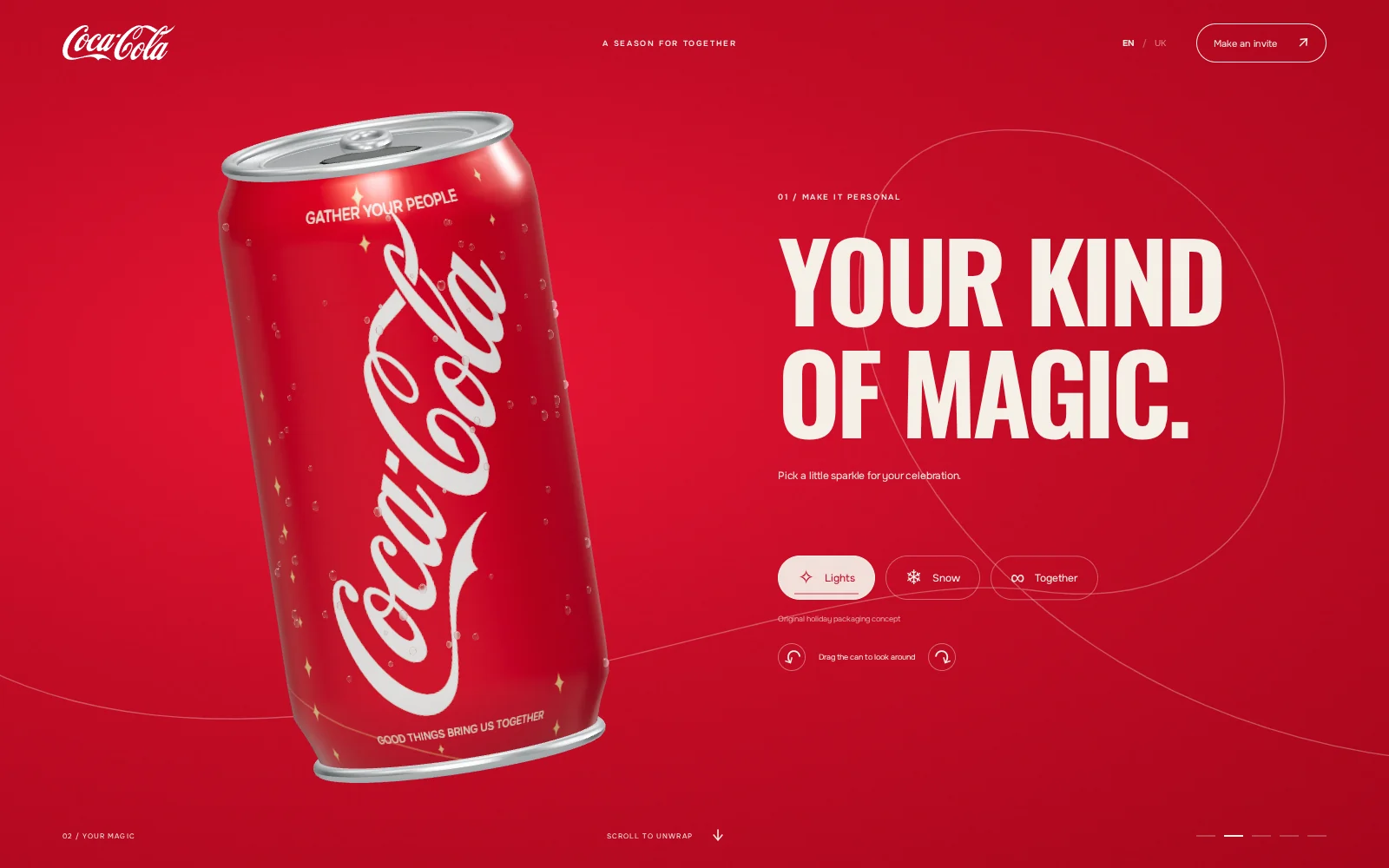 The red packaging-selection scene with a rotating Coca-Cola can