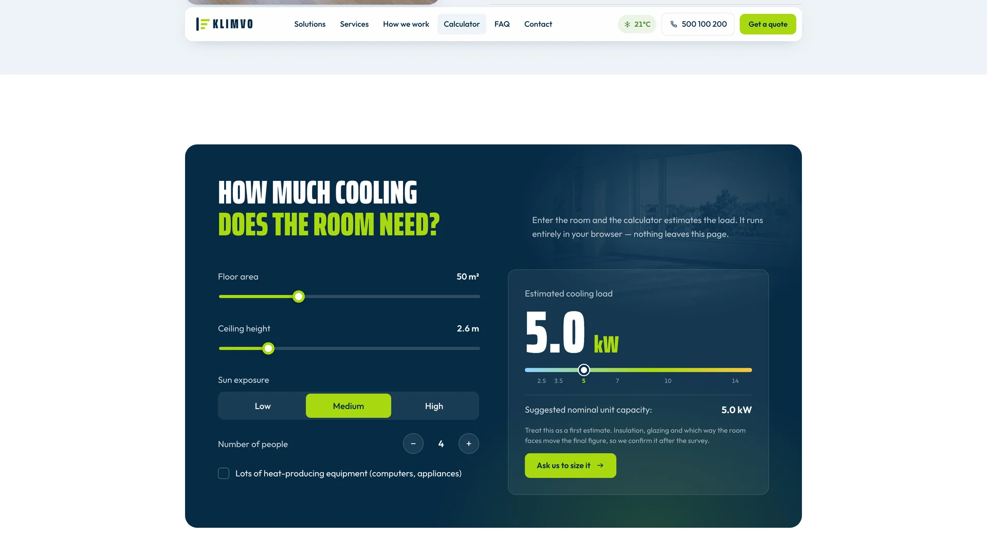 KLIMVO cooling-capacity calculator with a displayed estimate