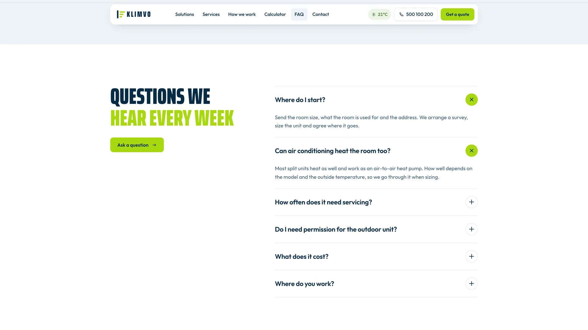 Service questions open within the page.
