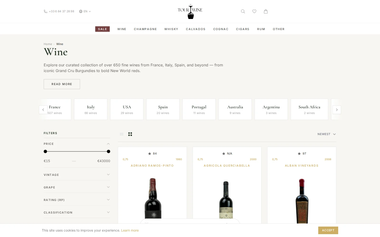 Wine catalog with country, grape and classification filters