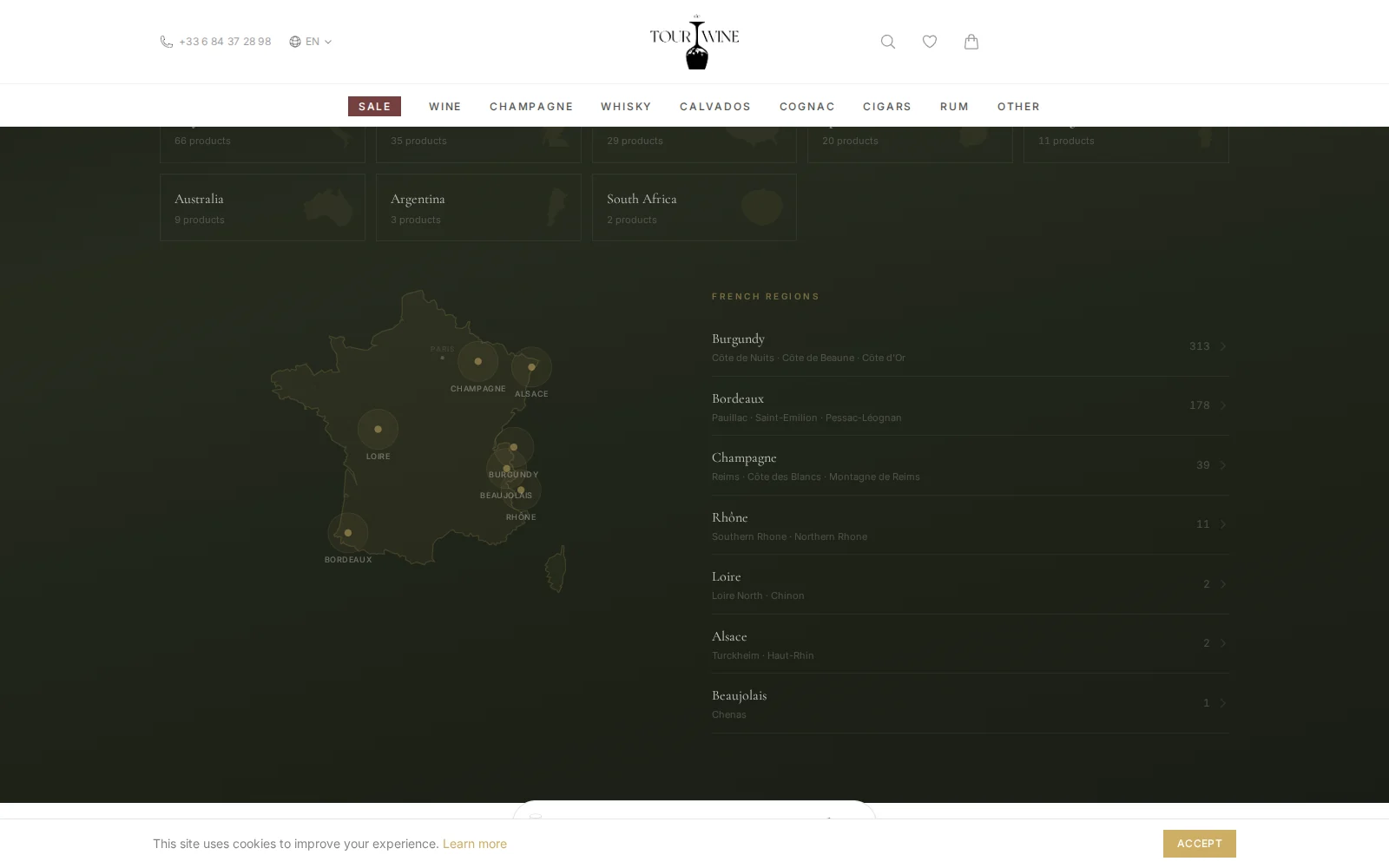 The Tour de Wine origins section with its regional wine map