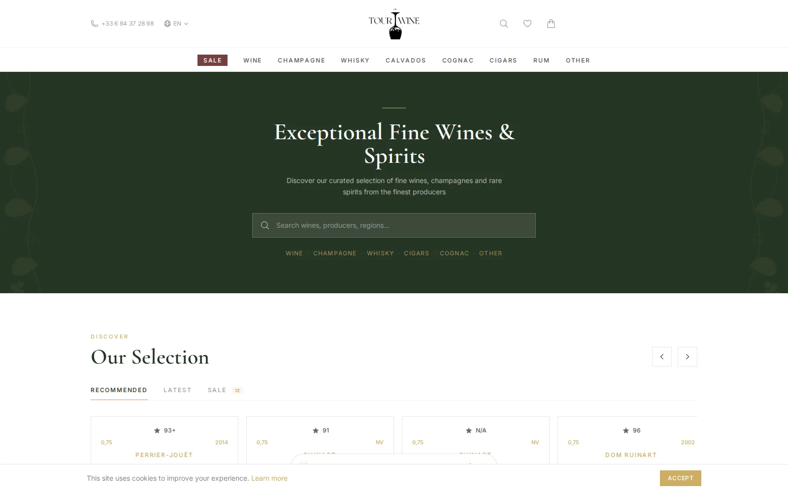 Tour de Wine homepage with forest-green editorial typography