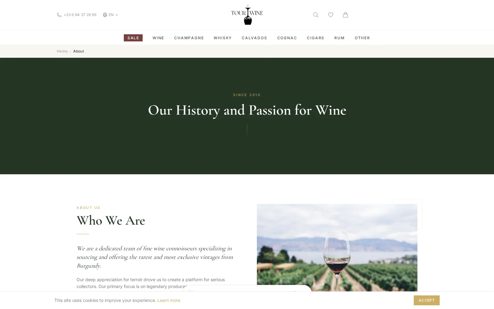 The Tour de Wine About page with its editorial story and vineyard photograph