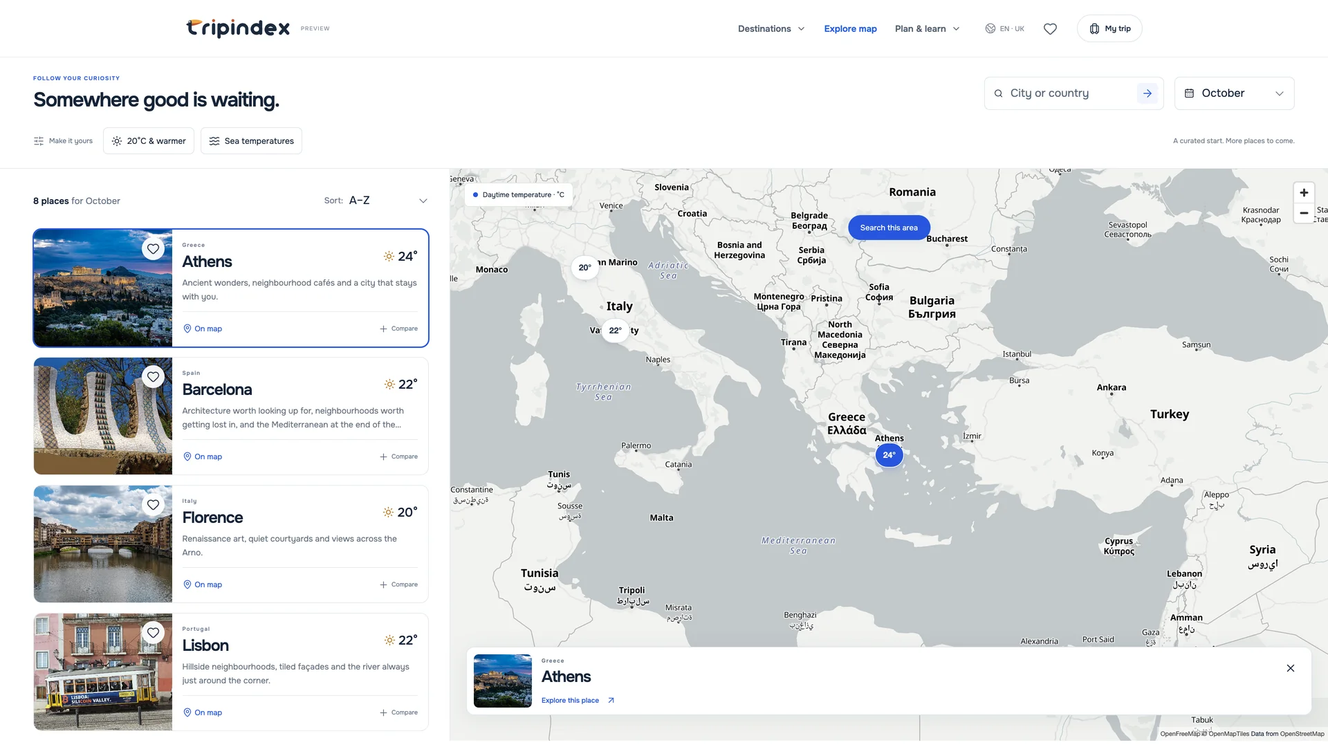 Tripindex interactive destination map and city cards