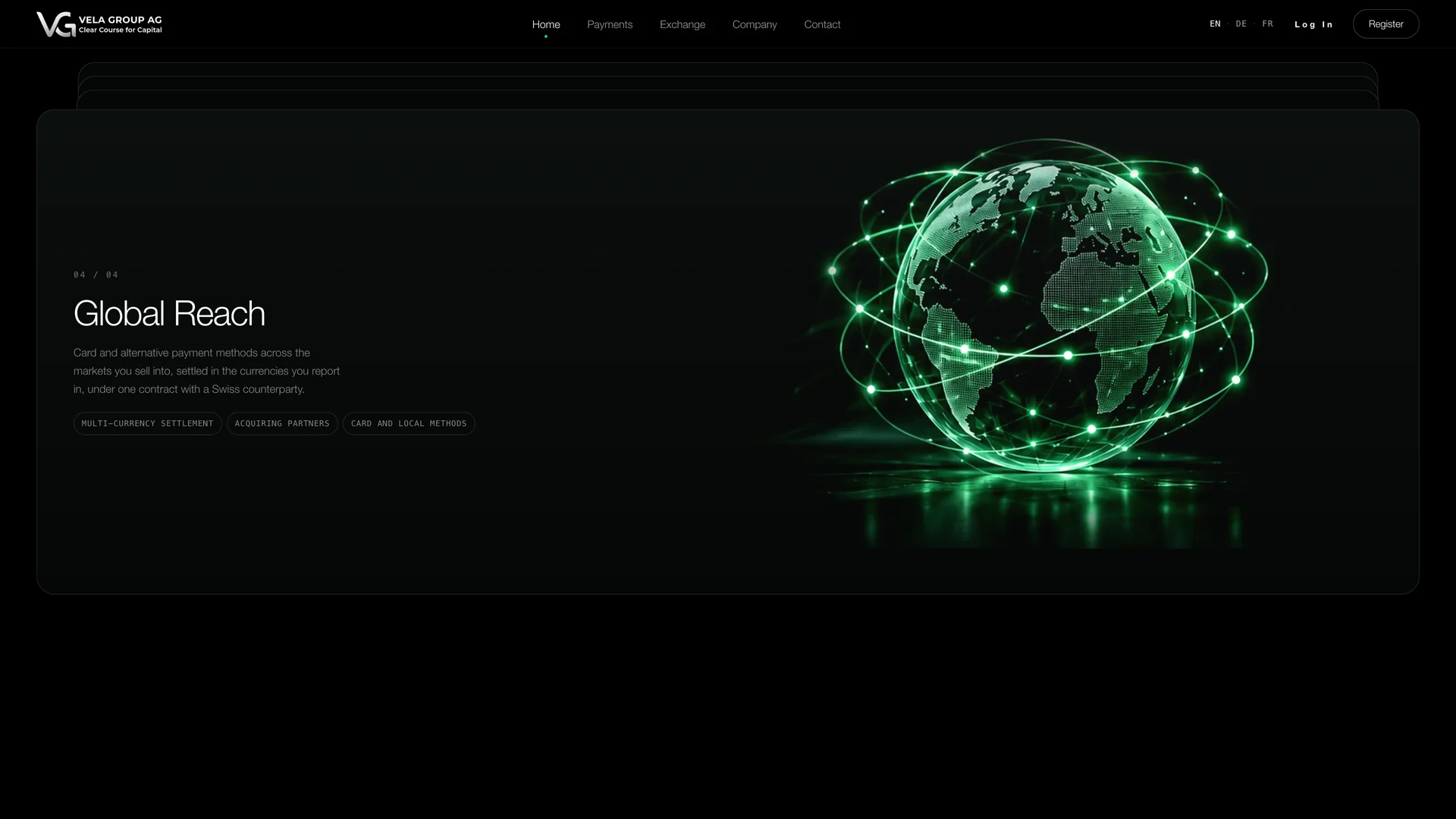 The illuminated Global Reach globe on the Vela website