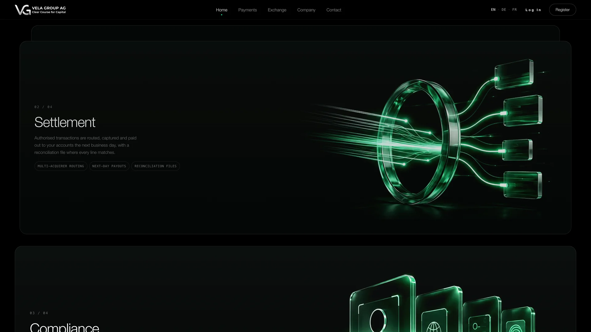 Glass settlement object on the Vela homepage